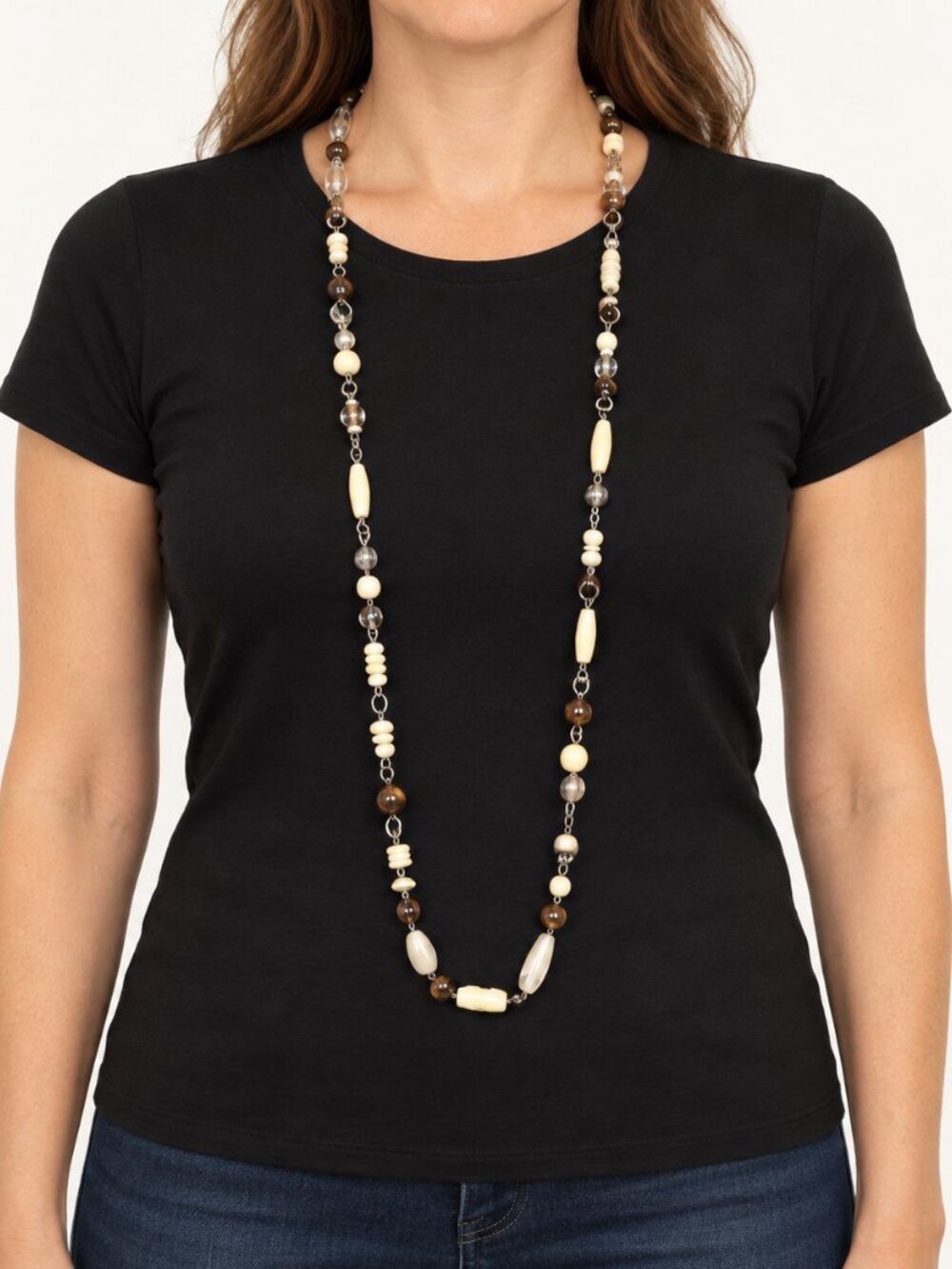 Long 38 Inch Mixed Stone Glass Bead Necklace Silver‎ Tone Boho Neutral